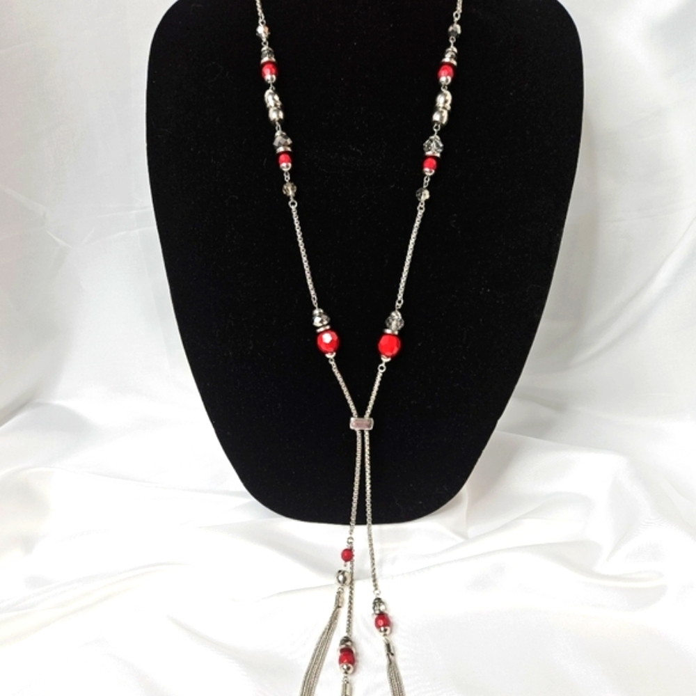 Vintage 80s Jules Long Necklace Lariet Style Red Beads & Smokey Quartz Crystals